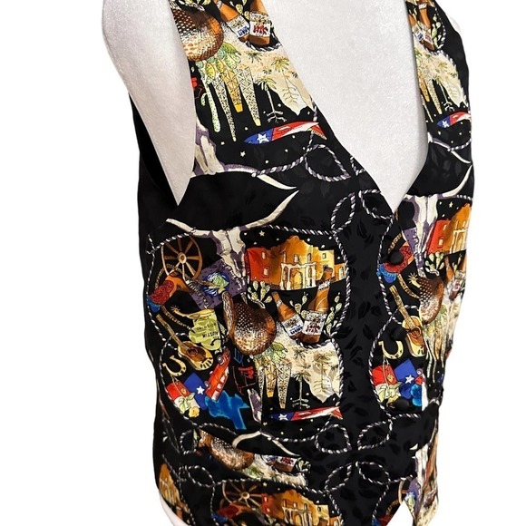 Vintage Nicole Miller Printed Vest Cowboy Rodeo Western Silk Black Size Large - Picture 3 of 11
